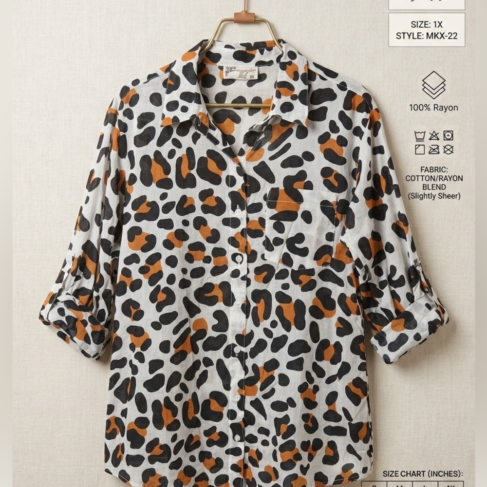 Fashion Magazine Leopard Print Button-Down Shirt in White, Black & Brown